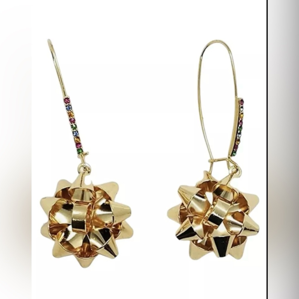Betsey Johnson Gold Tone Metallic Christmas Bow Drop Earrings Crystal Holidays